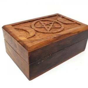Triple Moon Pentagram Carved Wooden Box