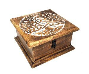 Triquetra Tree of Life Carved Mango Wood Box (7x7x3.5 in.)