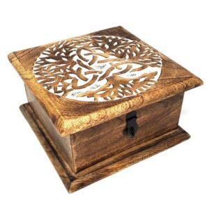Triquetra Tree of Life Carved Mango Wood Box (7x7x3.5 in.)