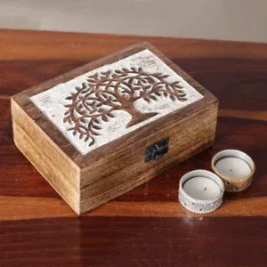 Burnt Finish Mango Wood Decorative Box – Tree of Life Design (6x4 in.)