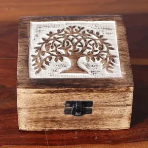 Burnt Finish Mango Wood Decorative Box – Tree of Life Design (4x4 in.)