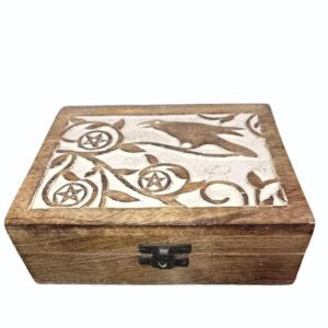 White Washed Mango Wood Carved Box – Raven & Pentacle Design (6x4 in.)