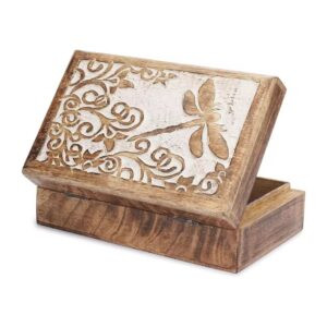 White Washed Mango Wood Carved Box – Dragonfly Design (6x4 in.)