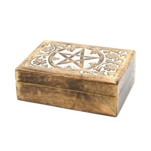 White Washed Mango Wood Carved Box – Pentacle & Floral Design (6x4 in.)