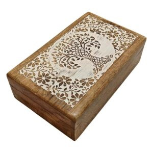 White Washed Mango Wood Carved Box – Celtic Tree of Life Design (8x5 in.)