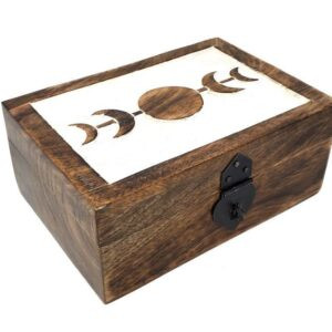 Moon Phase Carved Mango Wood Box (7x5 in.)