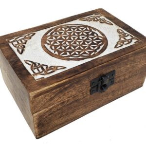 Flower of Life White Washed Mango Wood Carved Box (6x4 in.)