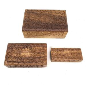 Wooden Floral Design Carved Box Set (Set of 3)
