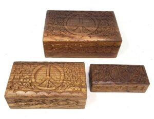 Peace Sign Carved Wooden Box Set (Set of 3)