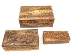 Triple Moon Carved Wooden Box Set (Set of 3)