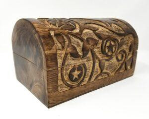 Raven & Pentagram Carved Round Top Wooden Box (8” L × 5” W × 4.5” H)