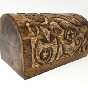 Raven & Pentagram Carved Round Top Wooden Box (8” L × 5” W × 4.5” H)