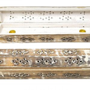 White Wash Carved Wood Incense Box Holder – 12 Inch